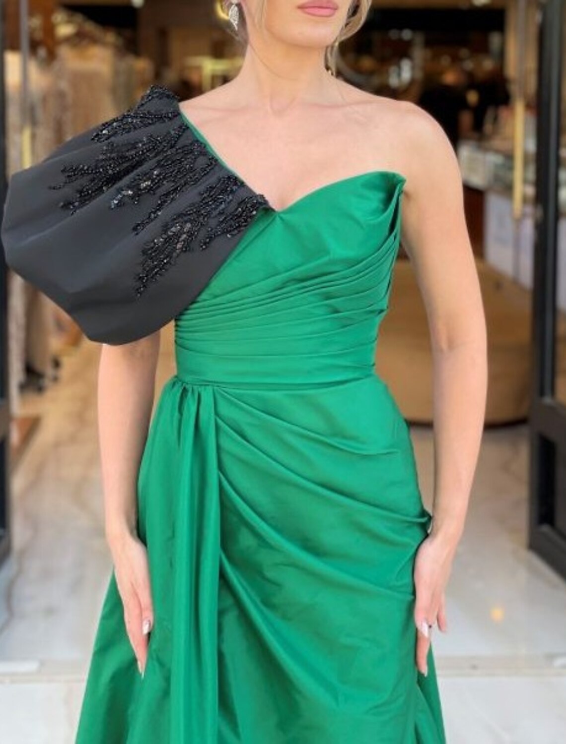 A-Line Evening Gown Color Block Dress Formal Wedding Reception Court Train Sleeveless One Shoulder Satin with Beading Slit